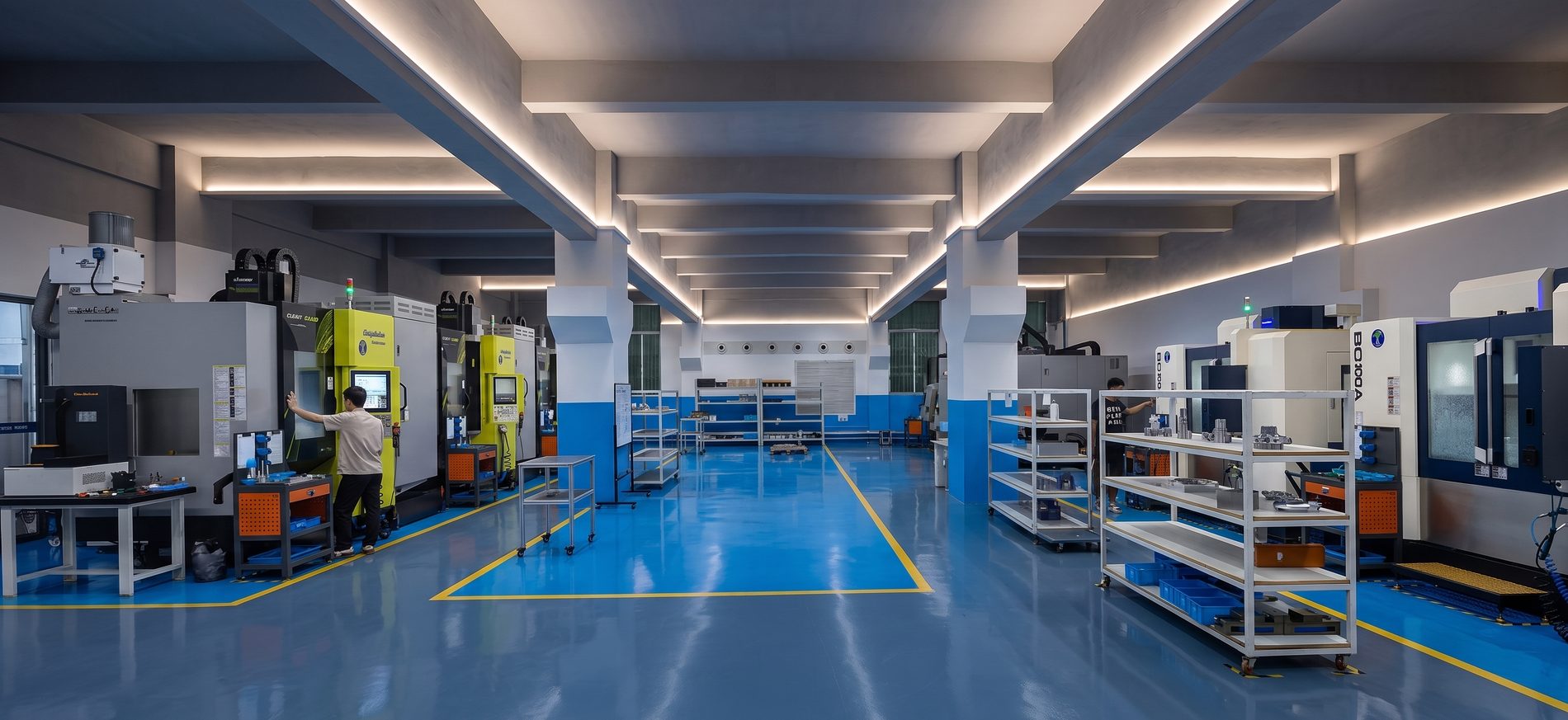A wide CNC machining floor with a blue epoxy floor, yellow lines and machining centers on both sides