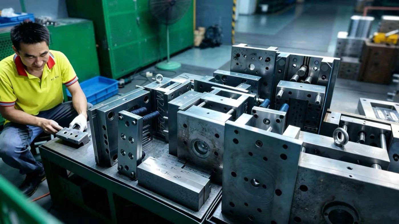 A technician working on mold parts at a tooling bench